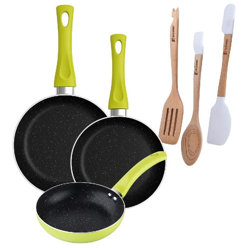 BERGNER - Ensemble de 3 poêles Ø20/Ø24/Ø28 cm en aluminium embouti Molen Vert avec ensemble de 3 ustensiles en silicone et bois - PK9378_0