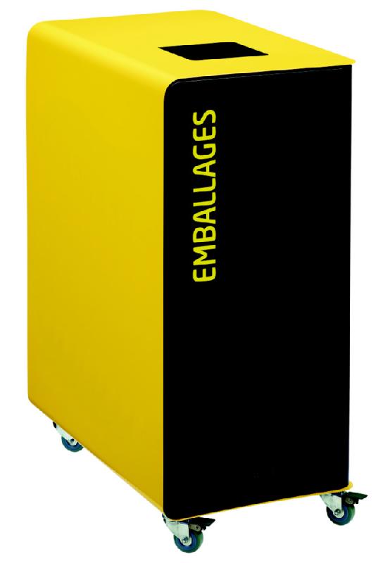 Borne de tri sélectif 90 L support-sac avec roulettes sans serrure - cubatri - gris+jaune colza - emballages - ouverture 170x170mm_0