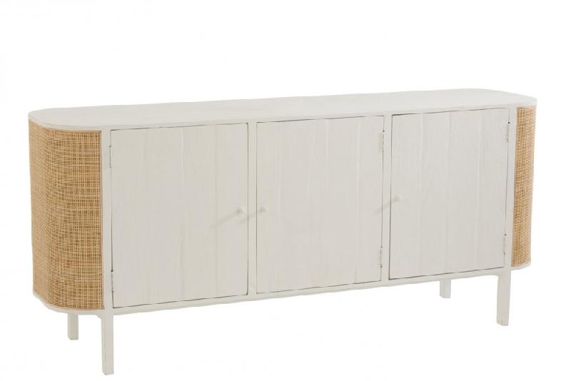 Buffet bas RARY en bois exotique blanc et rotin naturel - 3 portes - 180 cm_0