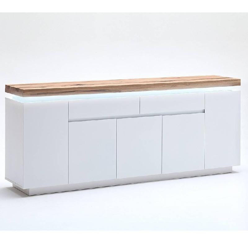 Buffet Romina 5 portes 2 tiroirs - laqué blanc mat avec plateau en chêne noueux huilé - LED intégré_0