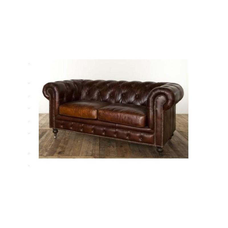 CANAPÉ CHESTERFIELD 2 PLACES EN CUIR MARRON VIEILLI