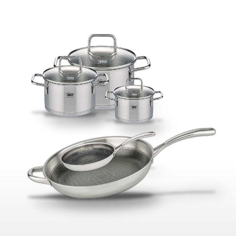 Lot de 2 Poêles 24/32cm et 3 Faitouts 12/16/20cm Elo Relief Evolution - gris inox 3176239955668_0