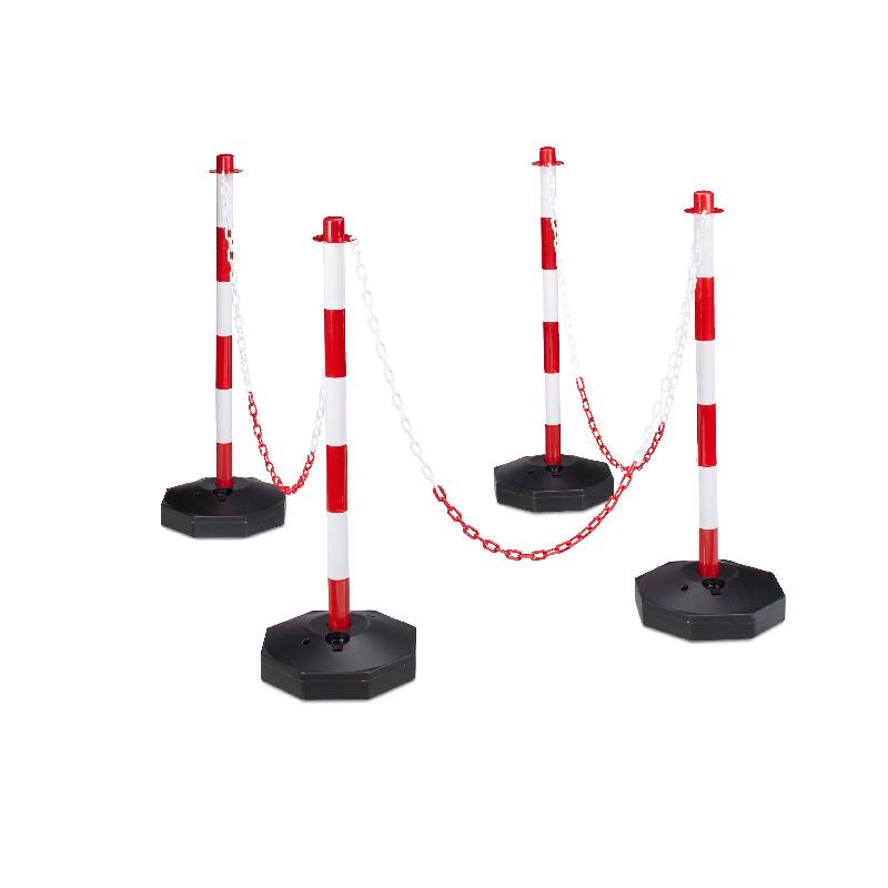 Lot de 4 poteaux barrière de signalisation et délimitation parking - blanc et rouge - plastique avec chaînes 140 cm_0