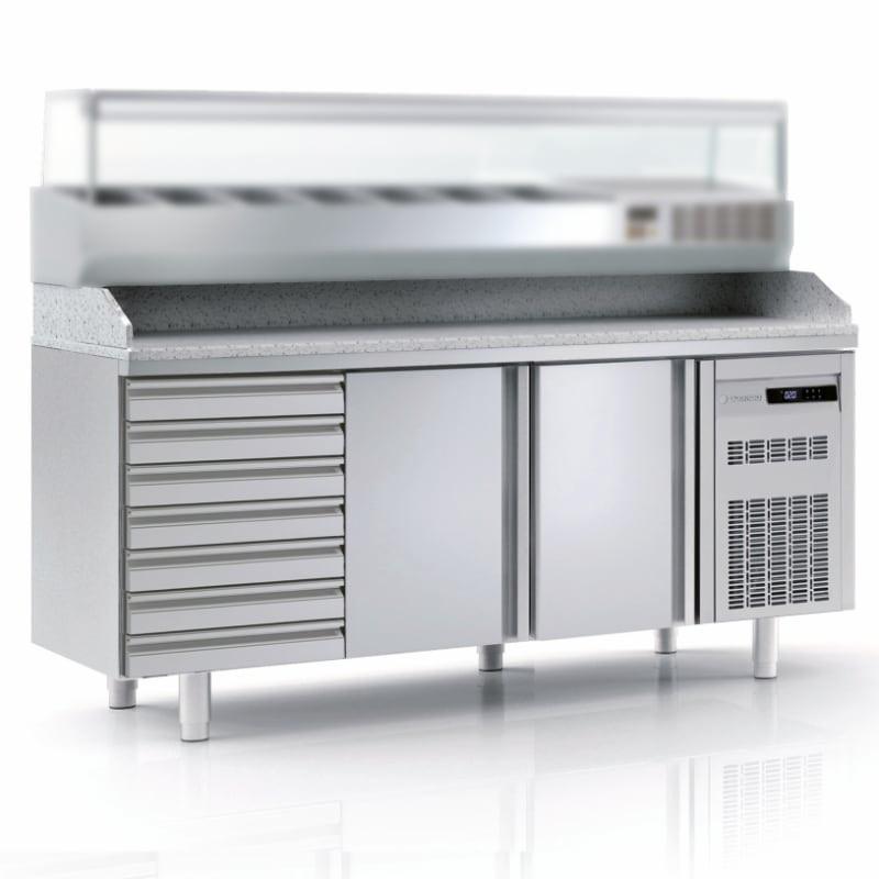 Meuble pizza 700 positif - 2 portes + 7 tiroirs à pâtons - Capacité 450L - Dessus granit - Marque CORECO_0