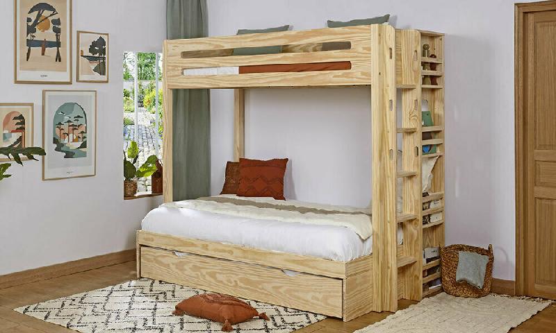 PACK LIT SUPERPOSÉ CHINOOK + 2 MATELAS  BOIS NATUREL 90-120X190 CM/OPT:MATELAS FEEVAH HR