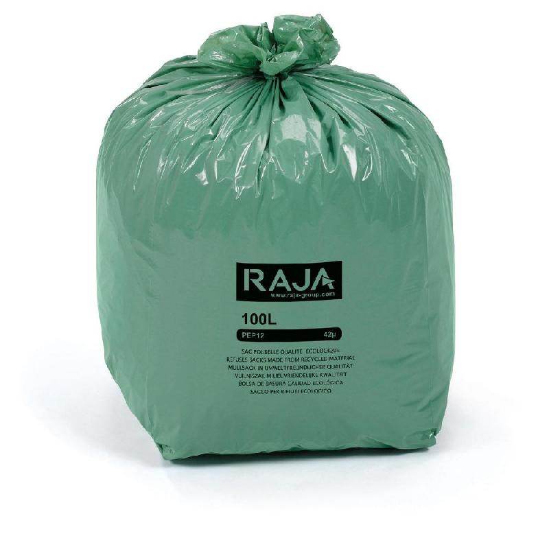 SACS POUBELLE RAJA ECOLOGIQUE 100% RECYCLE 100L VERT -  LOT DE 200 SACS
