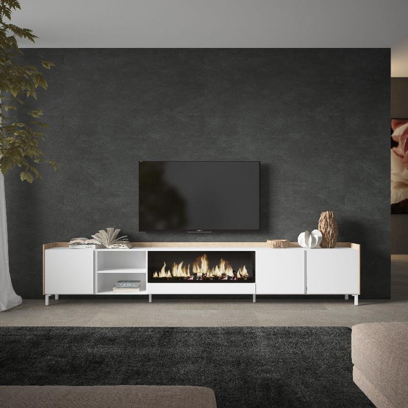 SKRAUT HOME - MEUBLE TV EFFET BOIS BLANC ET CHÊNE 315X35X61CM CHEMINÉE EFFET FEU XXL