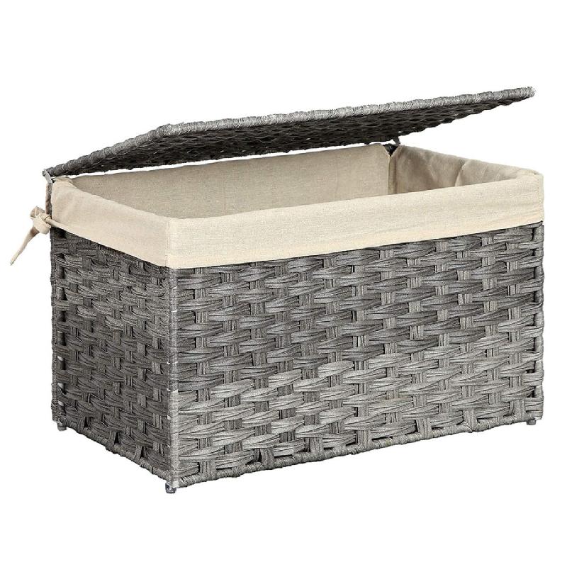 BOÎTE DE RANGEMENT ROTIN BAC DE RANGEMENT PANIER À LINGE 65 LITRES CORBEILLE DÉCORATIVE COFFRE DE RANGEMENT AVEC POIGNÉES DOUBLURE COUVERCLE POUR CHAMBRE BUANDERIE GRIS 12_0002235_0