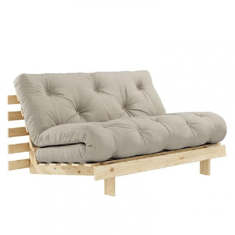 CANAPÉ CONVERTIBLE FUTON ROOTS PIN NATUREL TISSU LIN COUCHAGE 160*200 CM_0