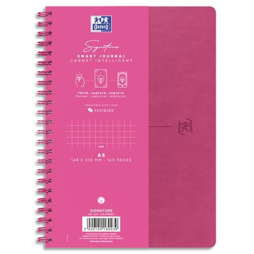 CARNET OXFORD SIGNATURE - FORMAT A5 - COUVERTURE SOUPLE A SPIRALE - 160 PAGES QUADRILLEES 5X5 - COLORIS FUCHSIA - LOT DE 5