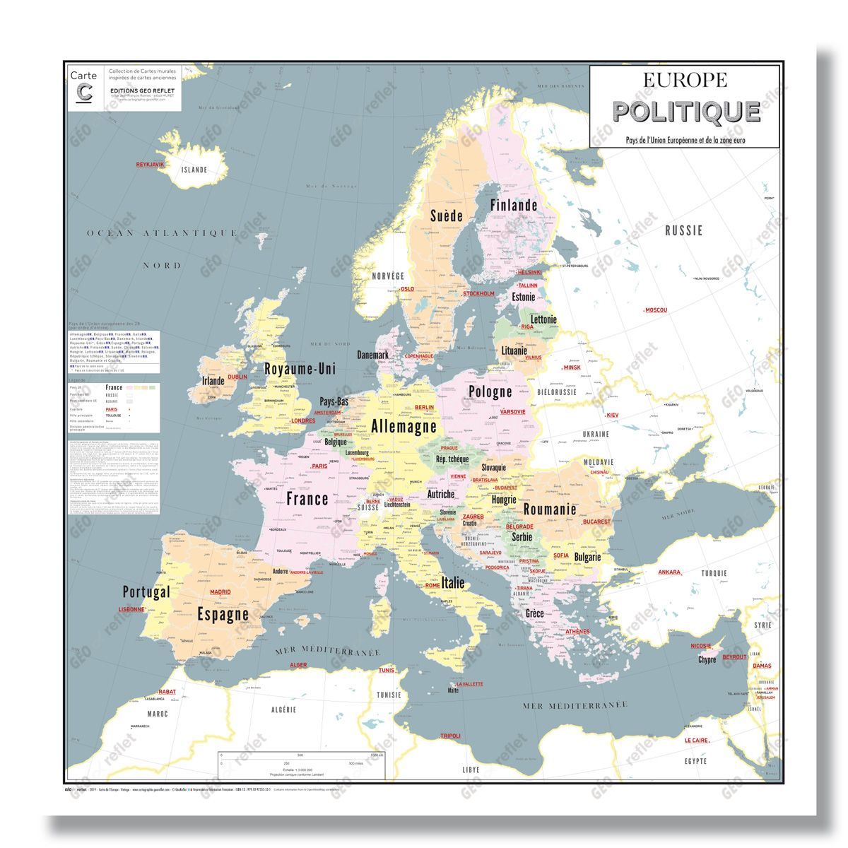 Carte Europe politique et Union européenne - Poster 80x60cm - Design vintage, grand format roulé sans pli_0