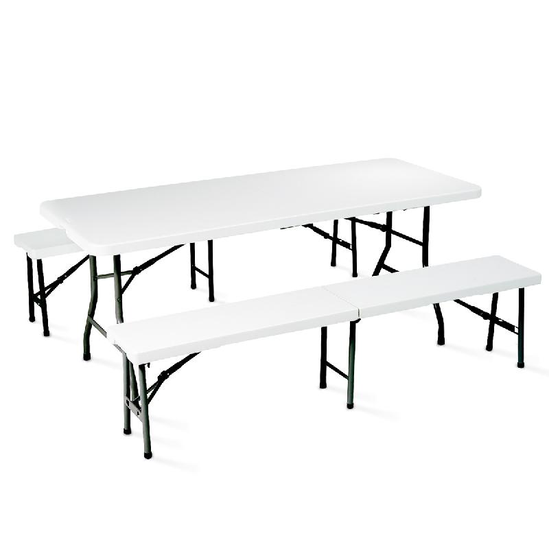 Table et 2 bancs pliants PEHD 180 cm - 8 places - Structure en acier époxy - Usage intérieur/extérieur_0