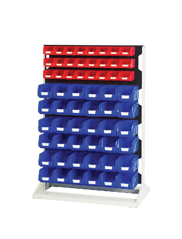 Rack à bacs fixe simple face - 4 panneaux, 24 bacs rouges et 36 bacs bleus - LxPxH : 1000x550x1450mm_0