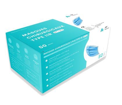 Boîte de 50 masques chirurgicaux jetables bleus non stériles - Type IIR adulte - Marque MIF MEDICAL_0
