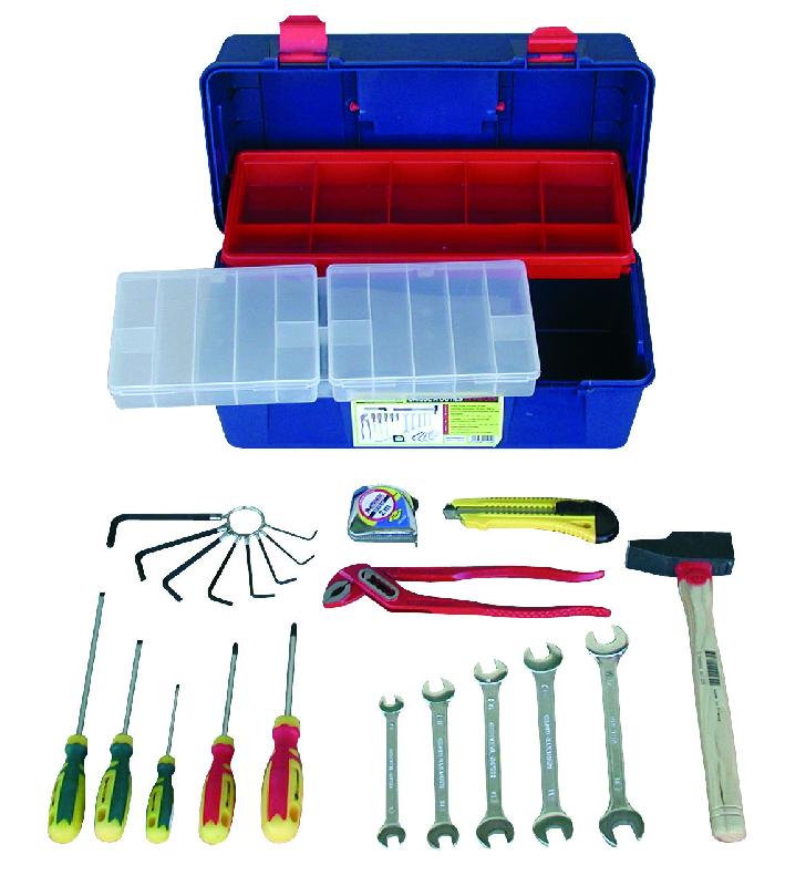Caisse à outils 22 pièces - Boîte avec étage et coffret de rangement - Marteau, pince, clés et tournevis inclus_0