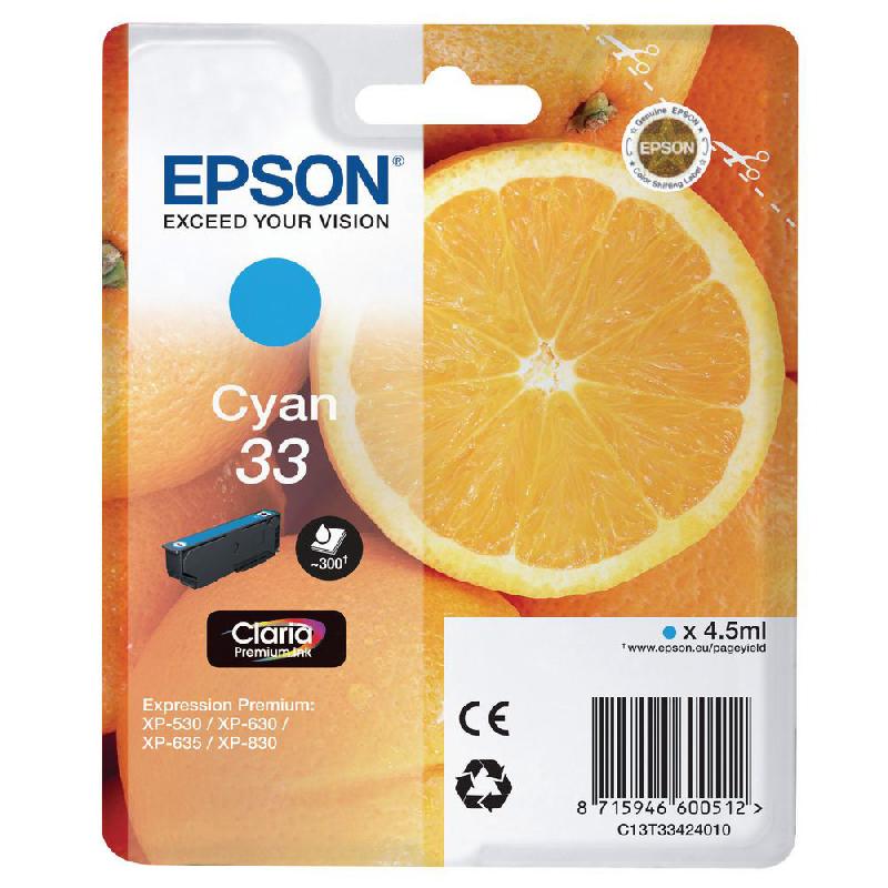 EPSON 33 - 4.5 ML - CYAN - ORIGINALE - BLISTER - CARTOUCHE D'ENCRE - POUR EXPRESSION HOME XP-635, 830; EXPRESSION PREMIUM XP-530, 540, 630, 635, 640, 645, 830, 900