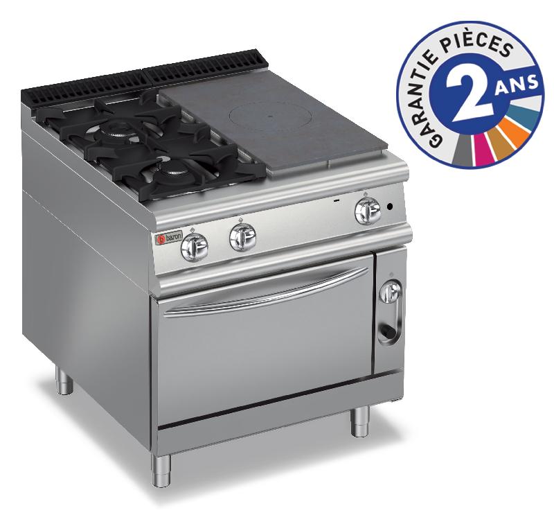 Fourneau BARON - 2 feux vifs gaz 3,5kW et 7kW + 1/2 plaque coup de feu 6kW sur four gaz - Gamme 700 - 70TPMFG801SX_0