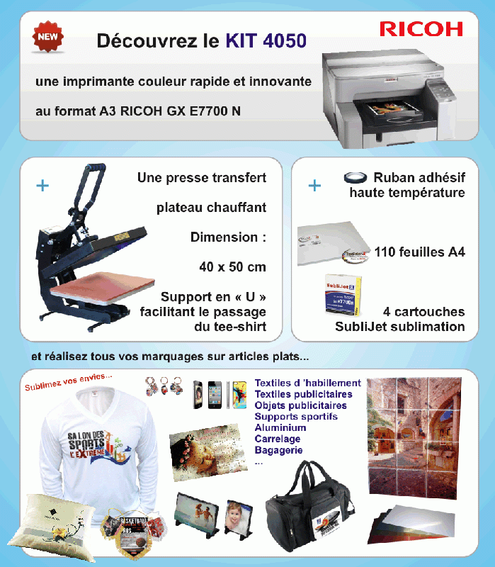 Kit textile 4050 - Imprimante A3 Ricoh GX E7700N et presse transfert TS-4050ME pour supports textiles_0