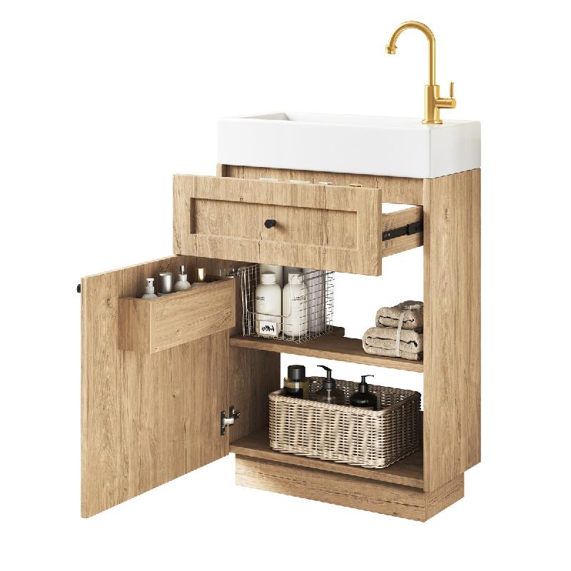Merax Meuble sous-vasque 46 x 26 x 87 cm avec vasque en céramique, tiroir, étagère de porte et trou pour robinetterie latéral, aspect bois naturel_0