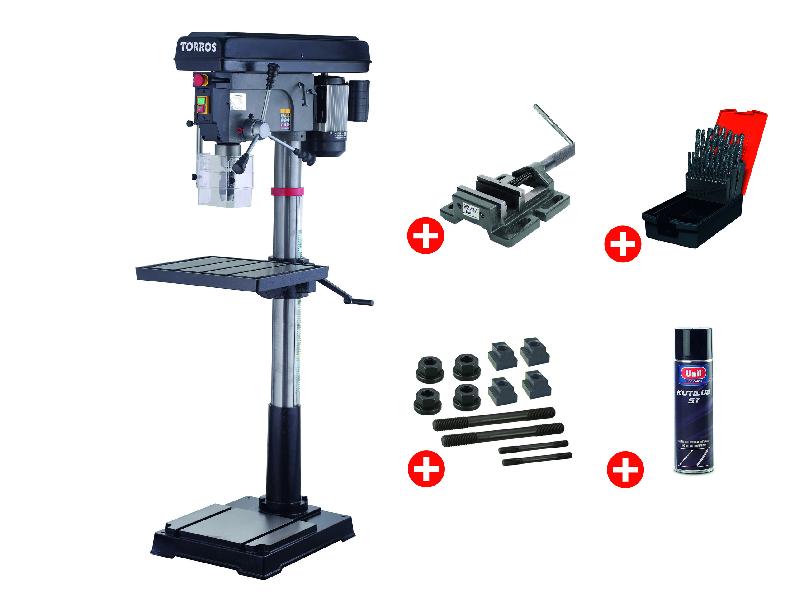 Perceuse à colonne professionnelle jusque ø 30 mm CM3 1,5 kW 400V + étau de perçage jeu de boulons jeu mêches aérosol Torros DF30T PACK_0