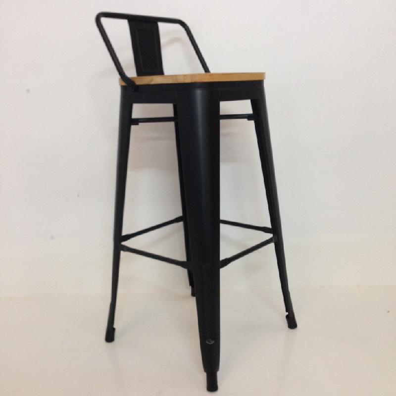 Tabouret de bar en metal factory avec dossier - noir mat et assise en pin - h.Assise 76cm_0