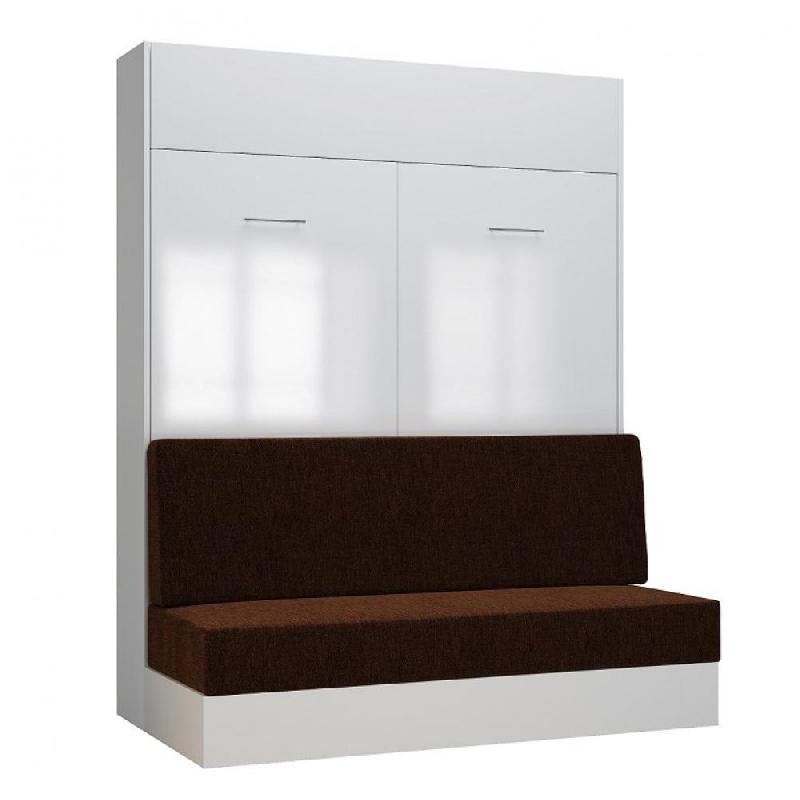 ARMOIRE LIT ESCAMOTABLE DYNAMO SOFA FAÇADE BLANC BRILLANT CANAPÉ MARRON 160*200 CM_0