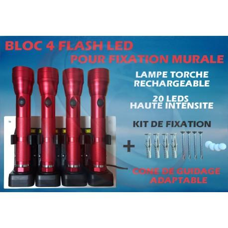 Bloc mural 4 lampes torche flash led rechargeable avec accus + chargeur_0