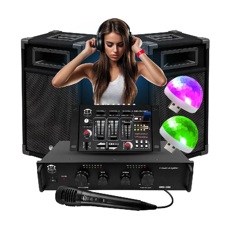 Kit Complet SONO 300W Bm Sonic BMS-DJ300 Initiation DJ Enceintes Ampli Table de Mixage Bluetooth USB, Micro, 2 Mini Lumières LED - 3666638034861_0