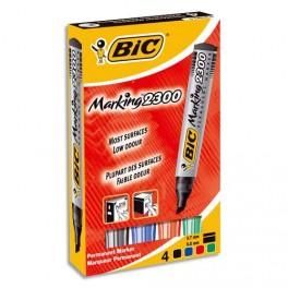 BIC POCHETTE DE 4 MARQUEURS PERMANENTS POINTE BISEAU ENCRE À BASE D'ALCOOL 4 COULEURS ASSORTIES 2300