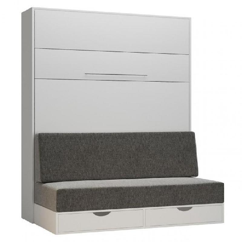 ARMOIRE LIT ESCAMOTABLE KOMPACT SOFA CANAPÉ TIROIRS BLANC MAT TISSU GRIS COUCHAGE 160*200 CM_0