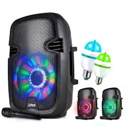 Enceinte mobile PARTY7 à LEDs RVB - 300W - USB/BT/FM + Micro + 2 Ampoules Mini DIAMS RVB - 3700804185800_0