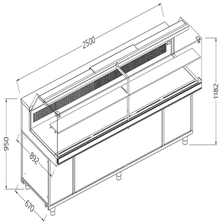 Vitrines réfrigérées statiques pour les snacks vitres basses groupe à distance avec réserve - 2500x892x1182 mm - SB25XR/R - SB25XR/R_0