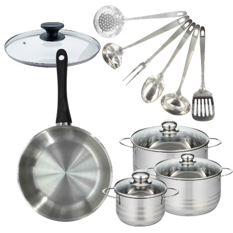Batterie de cuisine avec 1 poêle 28 cm et 3 faitouts 16/20/24 cm et 7 ustensiles de cuisine Fackelmann Généva Brillant Oxford avec couvercles - gri_0