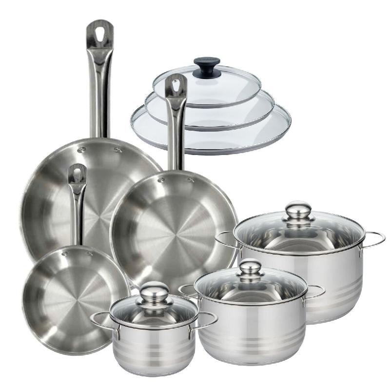 Batterie de cuisine avec 3 poêles 20/24/28 cm et 3 faitouts 16/20/24 cm sans PFAS Fackelmann Eterna Brillant avec couvercles - gris inox 3176239935196_0