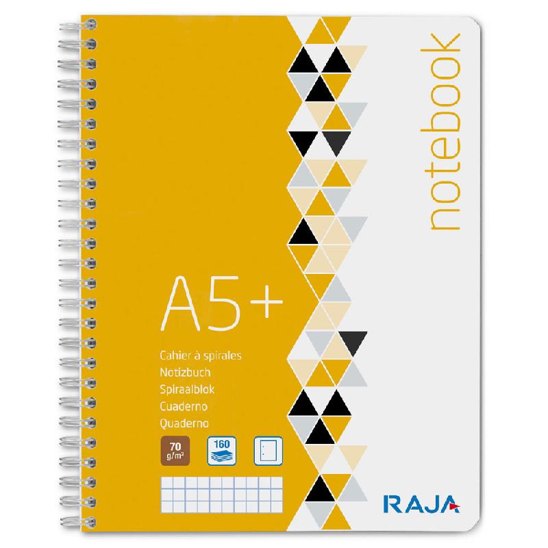 CAHIER A SPIRALES RAJA NOTEBOOK - 160 PAGES - A5+ - 70 G/M² - PETITS CARREAUX 5X5 MM - 2 TROUS - LOT DE 5