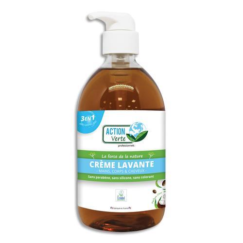 FLACON A POMPE DE 500ML ACTION VERTE SAVON LAVANT MAINS, CORPS, CHEVEUX ECOLABEL PARFUM NOIX DE COCO