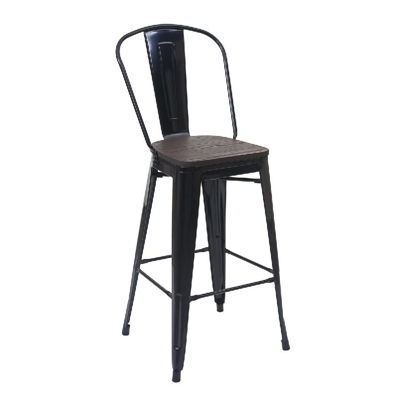 Mendler Tabouret de bar HWC-A73 avec assise en bois, chaise de bar, tabouret de comptoir avec dossier, métal design industriel ~ noir - noir Bois mas_0
