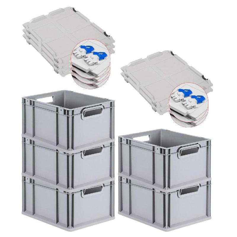 PROREGAL 5x Bac Euro NextGen Economy couvercle à charnières, fermetures à glissière bleues, poignées ouvertes, 22x30x40cm, 20L - noir plastique R_0