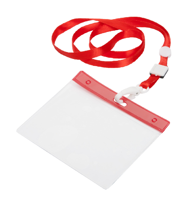 Tour de cou en polyester - avec mousqueton en plastique et pochette pour badge en PVC - couleur rouge_0