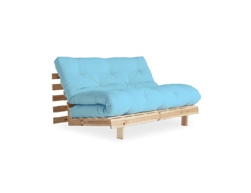 CANAPÉ CONVERTIBLE FUTON ROOTS PIN NATUREL COLORIS BLEU CLAIR COUCHAGE 140*200 CM._0