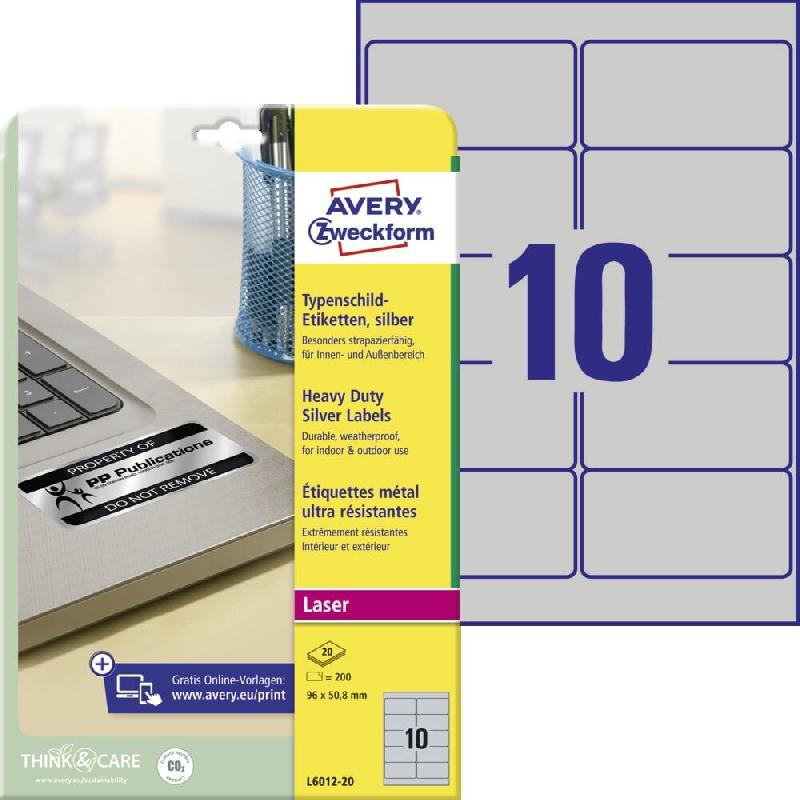 Avery Zweckform 200 étiquettes ultra-résistantes métallisées Laser, format 96 x 50,8 mm (20 feuilles A4 / cdt) - argenté polyester L6012-20_0