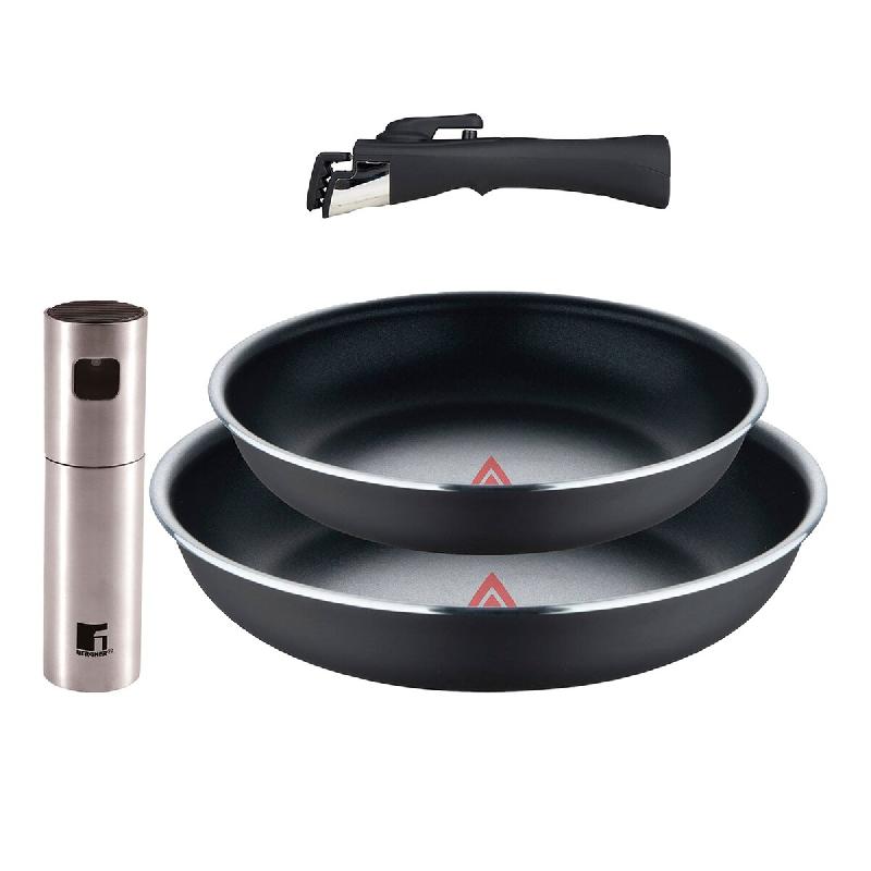 BERGNER - Ensemble de 2 poêles Ø22/26 cm en aluminium pressé noir avec manche amovible et pulvérisateur d'huile/vinaigre Ø4x17,5cm en acier inoxy_0