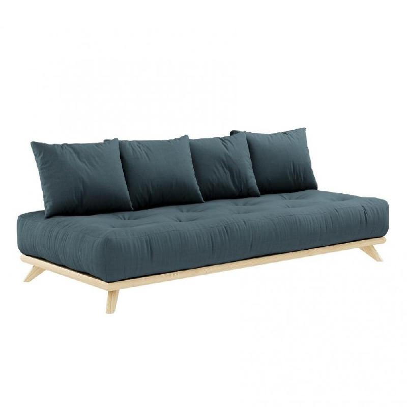 Canapé convertible futon Senza - Pin naturel - Coloris bleu pétrole - Couchage 90 x 200 cm - Design minimaliste et cocooning_0