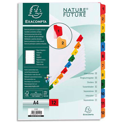 INTERCALAIRE NUMERIQUE EXACOMPTA - 12 POSITIONS - CARTE BLANCHE 170G - A4