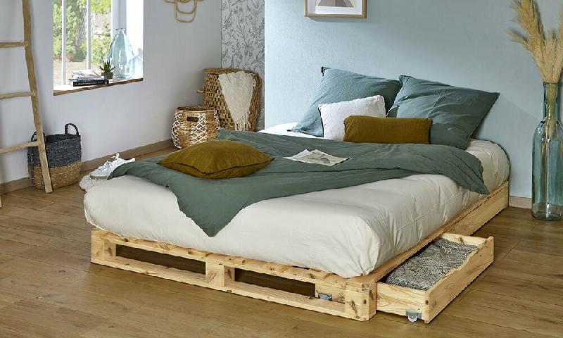LIT PALETTE CORFOU  BOIS NATUREL 140X200 CM/OPT:2 TIROIRS