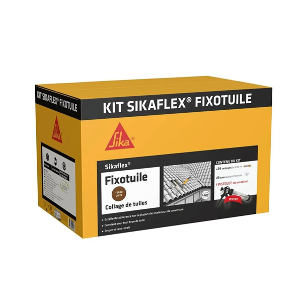 MASTIC COLLE SOUPLE POUR FIXATION TUILES SIKAFLEX FIXOTUILE - TERRE CUITE - 24 RECHARGES ET PISTOLET