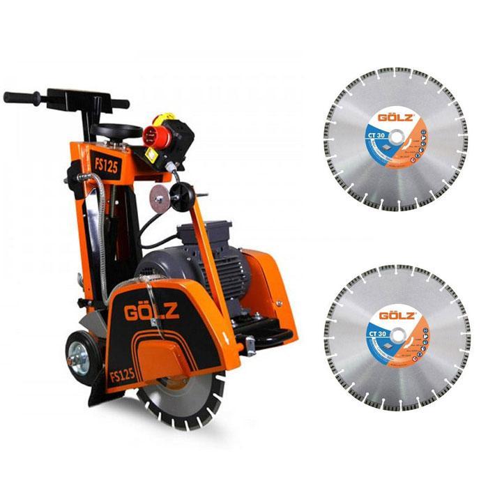 Scie à sol électrique FS125E avec moteur triphasé 3 kW + 2 disques CT30 Ø 350 mm - GOLZ - 02821256300+CT30351_0