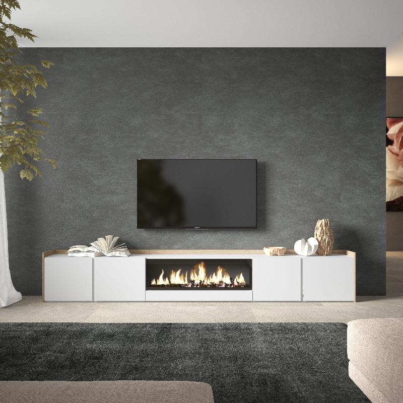 SKRAUT HOME - MEUBLE TV EFFET BOIS BLANC ET CHÊNE 315X35X50CM CHEMINÉE EFFET FEU XXL