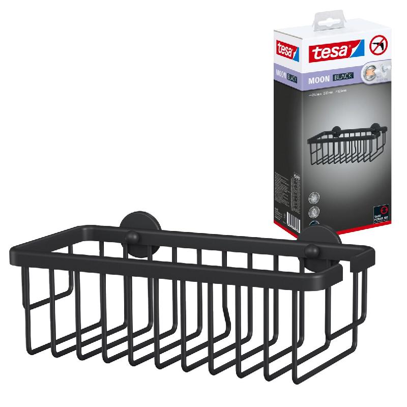 Tesa MOON BLACK Panier de douche - Rangement profond - Convient aux salles de bains modernes - Solution adhésive, sans perçage - Noir mat, 92 mm x -_0