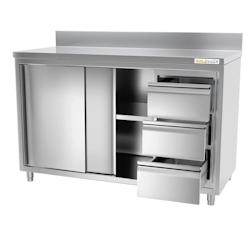 Meuble bas inox 1400x600 mm adossée avec 3 tiroirs à droite PREMIUM - GOLDINOX - gris inox 3701770813872_0
